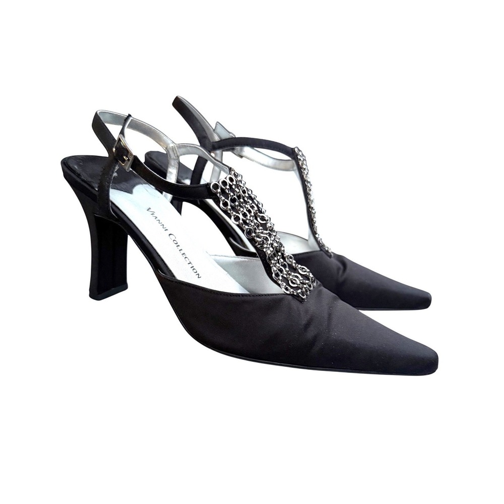 Vintage 90's Vianni Collection Slingback Heels Black Silver Chain T-Strap‎ Sz 8